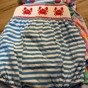Girls Blue & White Striped Crab Smocked Romper